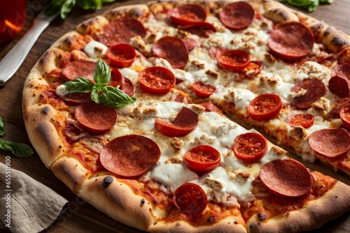 Delicious pizza with mozzarella on a chocolate wooden board on a table decorated with tomato