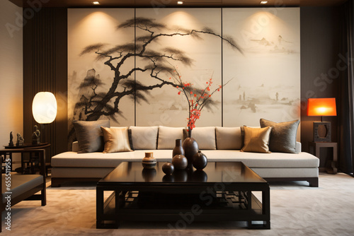 Living room featuring modern asian style interior design with relaxing sofa, wall, table, and classic decoration