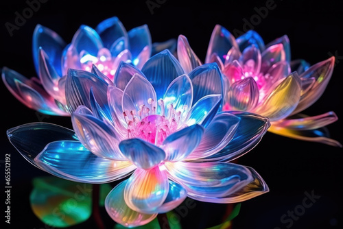 a lotus on the dark, made of glass, shine with neon light, motion blur