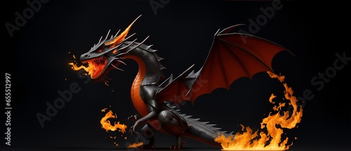 A flaming fiery dragon on plain black backgroun from Generative AI