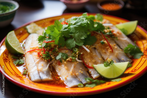 pla nueng manao, Thai food showcasing steamed fish topped with a zesty lime and chili garlic sauce