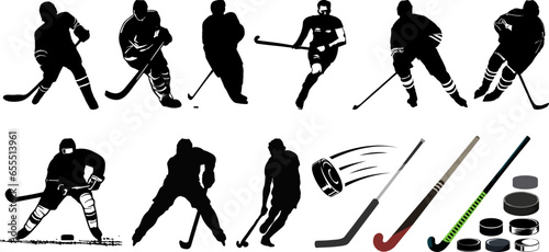 hockey players, Ice and Gross Hockey sticks, ice hockey puck silhouette bundle