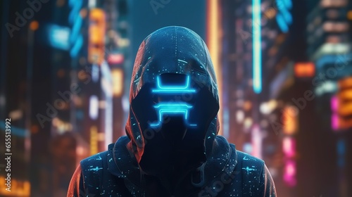 Portrait of an anonymous man, hacker wearing neon mask over dark background