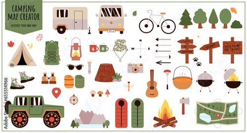 Map creator forest hiking and camping. Adventure nature poster for nursery room. Children design card vector doodle illustration