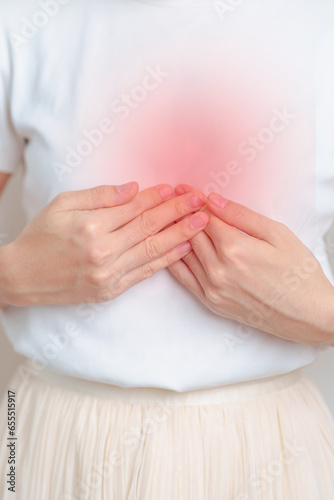 Woman having abdomen Pancreas and Chest pain. Pancreatic cancer November awareness month, Pancreatitis, Liver cancer, Digestive system, World Cancer day and Health concept
