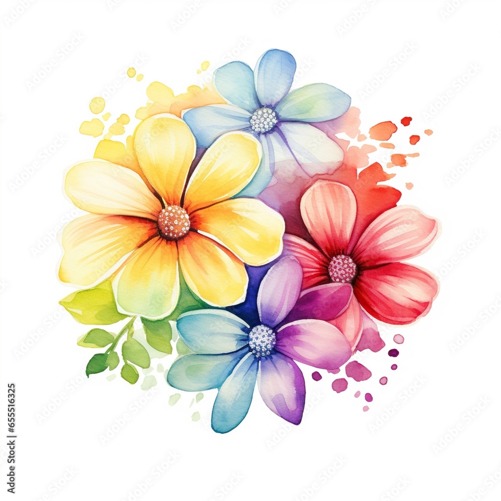 Watercolor flower bouquet, bright rainbow illustration on a white background