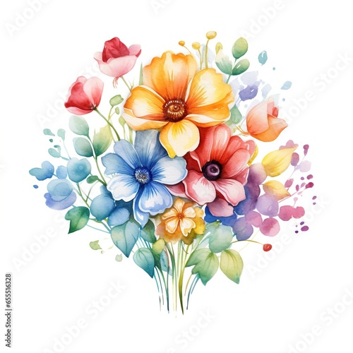 Watercolor flower bouquet  bright rainbow illustration on a white background