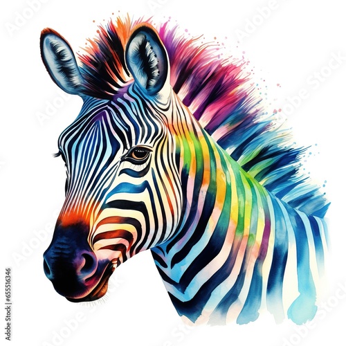 Colorful zebra image  watercolor illustration isolated on white background