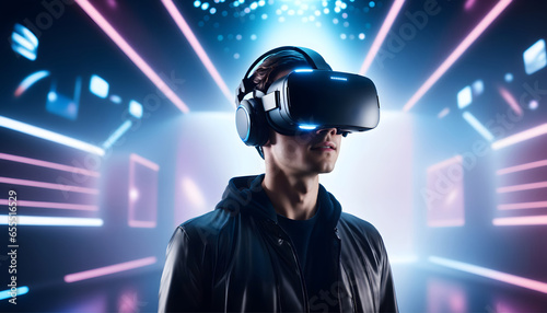 Dive into the world of virtual reality with an image of a person wearing a VR headset and immersed in a digital wonderland, surrounded by holographic displays and futuristic technology. AI generative