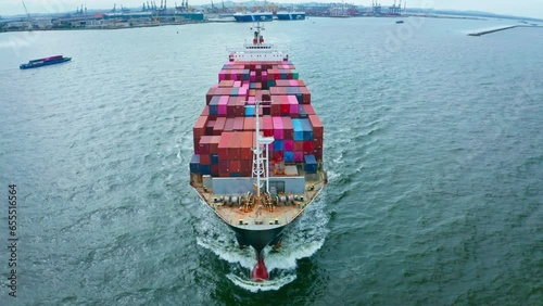 Aerial front view Container ship on the sea for transportation to worldwide.
