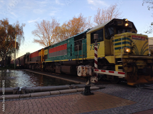 A cargo train crossing a country road with a fountain (Napier, New Zealand)	