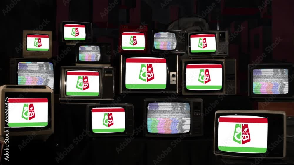 Flag of Kiryat Gat, city in the Southern District of Israel, and Vintage Televisions. 4K Resolution. Flag of Kiryat Gat, city in the Southern District of Israel, and Vintage Televisions. 4K Resolution.
