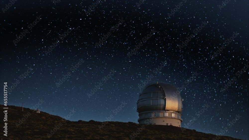 Time-lapse, night shot, starry sky, observatory, Roque de Los Muchachos, La Palma, Spain, Europe Time-lapse, night shot, starry sky, observatory, Roque de Los Muchachos, La Palma, Spain, Europe