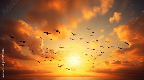 Birds Flying in Sunset