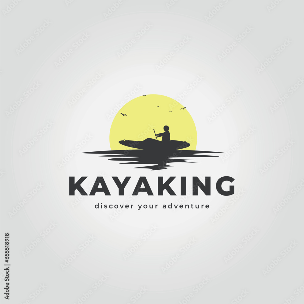 a man is kayaking at sunset on a lake design, illustration vector of kayaking with a sun