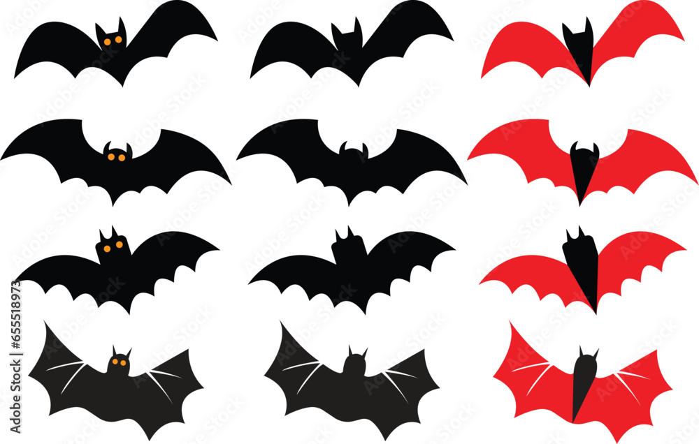 Bat horror icons set. Sticker with black mouse for Halloween