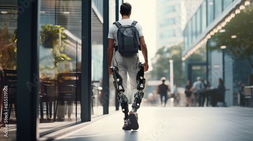 A person with a mobility impairment using a robotic exoskeleton to stand and walk, experiencing newfound mobility and independence