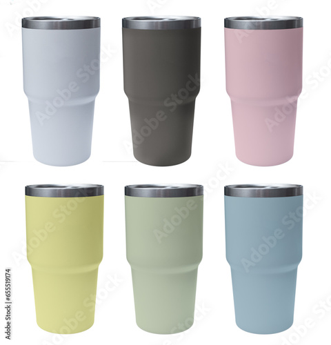 Variety pastel color of big modern thermos bottle isolated on white. Reusable concept