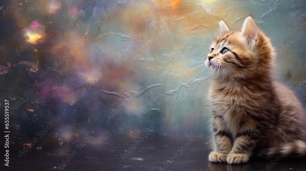 An enchanting image of a kitten appearing lost in a daydream with space for text, set against a textured background that adds depth to the scene, AI generated An enchanting image of a kitten appearing lost in a daydream with space for text, set against a textured background that adds depth to the scene, AI generated