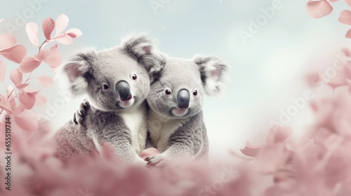 An image of two cute koalas with space for text, possibly in an affectionate or playful interaction, against a soft pastel background. AI generated