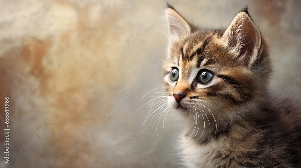 A close-up of a cute kitten's face with space for text, showcasing its whiskers and expressive eyes, against a textured background that complements its fur, with space for text. AI generated