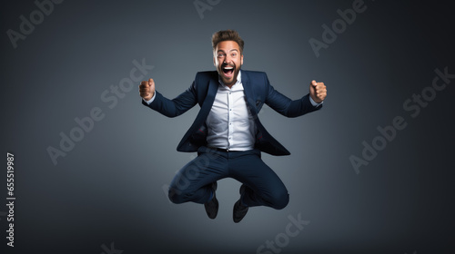 Jumping and Celebrating Successful Businessman in Professional Studio Portrait on Neutral Grey Background