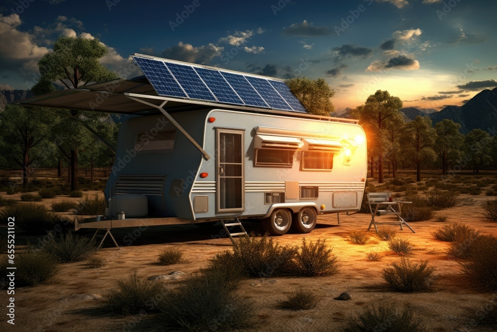 Solar panel on roof of camper van, generating sustainable electricity for outdoor adventure.