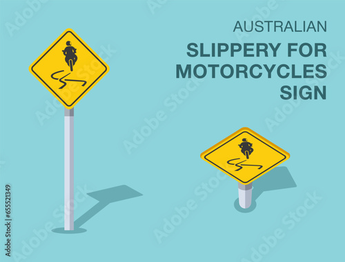 Traffic regulation rules. Isolated australian slippery for motorcycles sign. Front and top view. Flat vector illustration template.