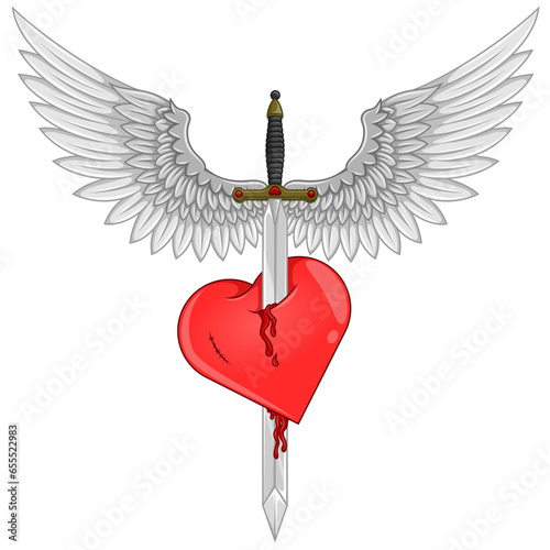 Vector design of European medieval sword with wings, Winged sword piercing a heart as a symbol of love