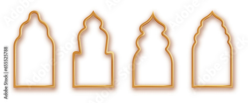 Realistic arabic golden 3d frames. Oriental Ramadan kareem islamic arches. Asian window or door border, arab muslim ethnic elements.