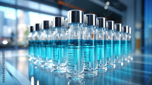 Flask blue test tubes with chemical laboratory tests stand on a glass table. Science Laboratory work