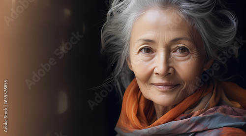 an old woman smiling and wearing a scarf