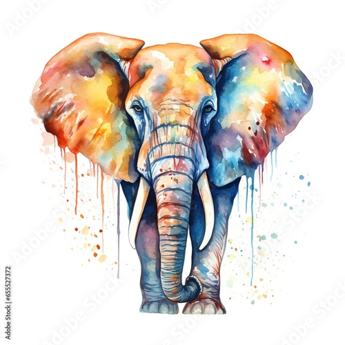 Colorful image of elephant, watercolor illustration isolated on white background © Tata Che