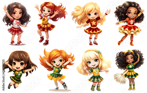 set of cute Cheerleader Clipart Sticker, isolated, transparent background, PNG, generated ai