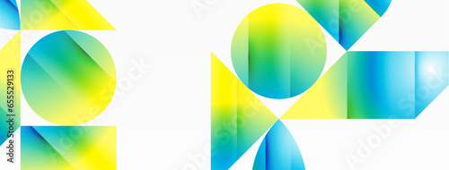 Serene gradient template. Circles and triangles mingle in minimalist perfection. Gentle fusion of forms and hues creates balanced yet captivating backdrop, embodying modern sophistication