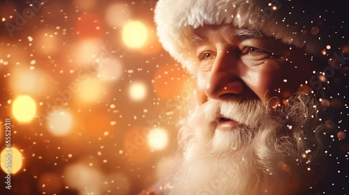 Santa Claus face closeup with defocused glitter bokeh copy space background, neural network generated image. Not based on any actual person, scene or pattern.