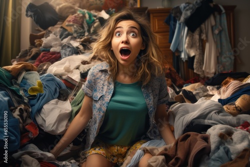 Surprised young girl around a pile of clothes and things, a mess in the room. The problem of overproduction and irrational consumption.   © Alexandr