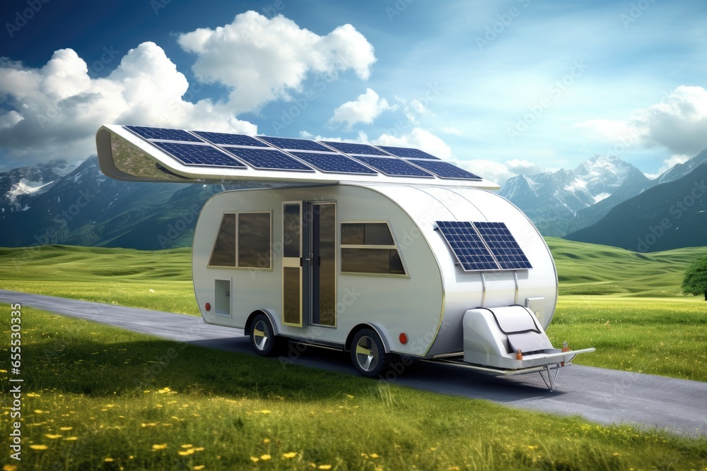 A sleek travel trailer with solar panels on the roof, surrounded by a scenic natural landscape, emphasizing eco-friendly living and renewable energy.