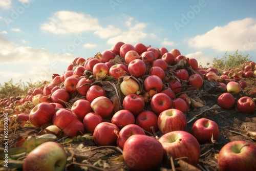 A huge pile of ripe apples in a landfill. The problem of overproduction and irrational consumption. 