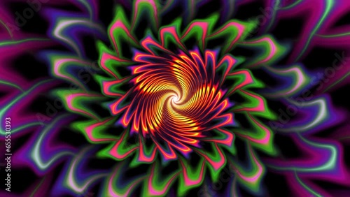 Vivid glowing multicolor vibes emanating from centre of dark background, moving helically, rotating, distorting, trembling, vibrating. Hypnotic animation with fractal constructions. 4K UHD 4096x2304 photo