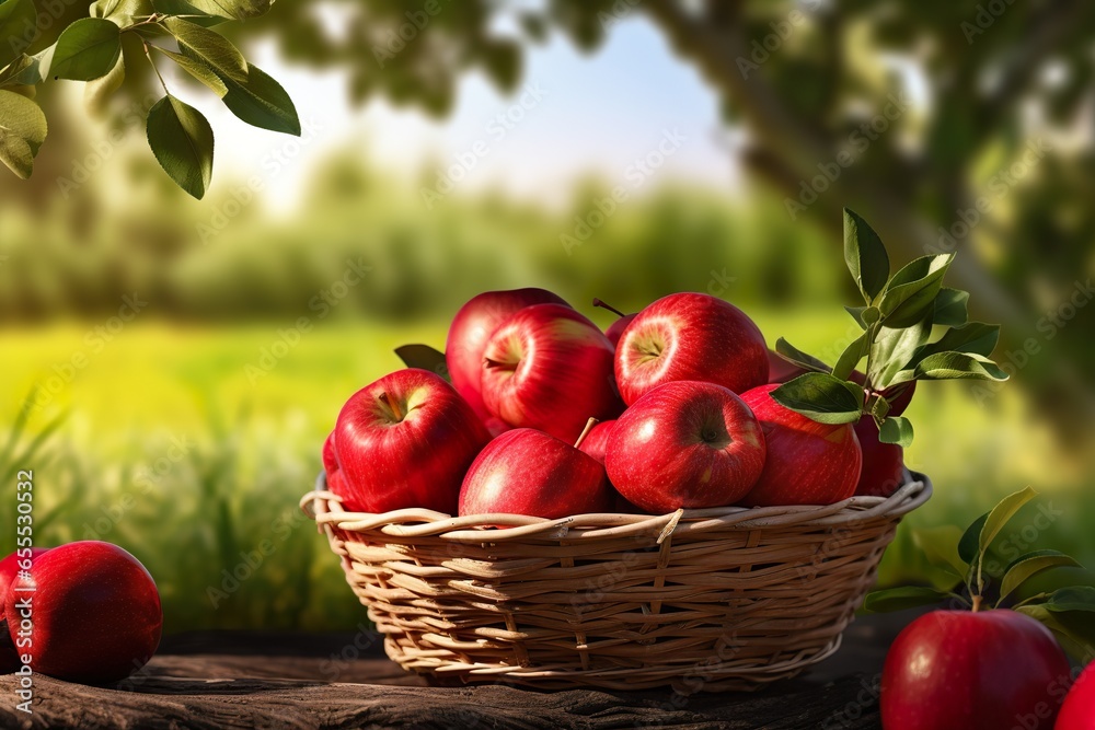 Photorealism of close up of fresh apple in a basket in field green plants with apple trees background Photorealism of close up of fresh apple in a basket in field green plants with apple trees background