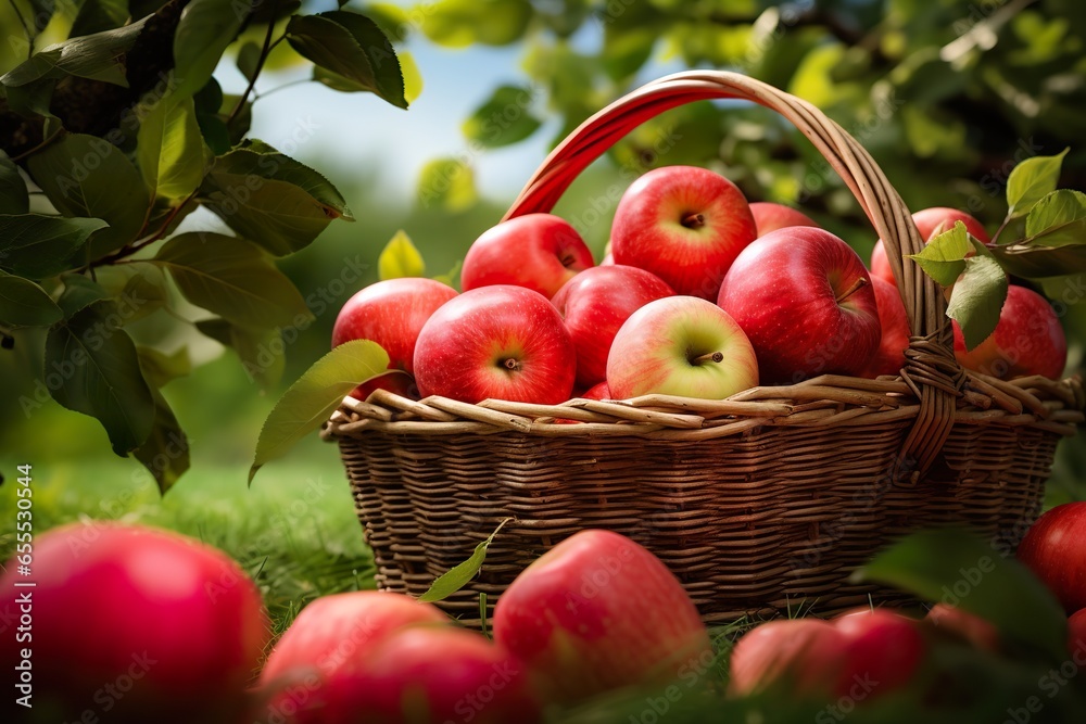 Photorealism of close up of fresh apple in a basket in field green plants with apple trees background