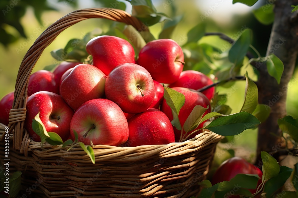 Photorealism of close up of fresh apple in a basket in field green plants with apple trees background Photorealism of close up of fresh apple in a basket in field green plants with apple trees background