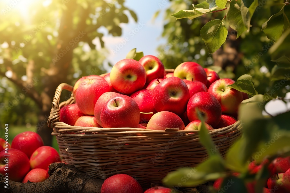 Photorealism of close up of fresh apple in a basket in field green plants with apple trees background Photorealism of close up of fresh apple in a basket in field green plants with apple trees background