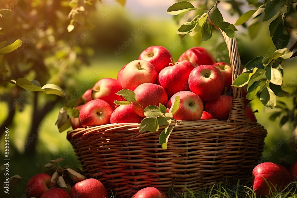 Photorealism of close up of fresh apple in a basket in field green plants with apple trees background Photorealism of close up of fresh apple in a basket in field green plants with apple trees background