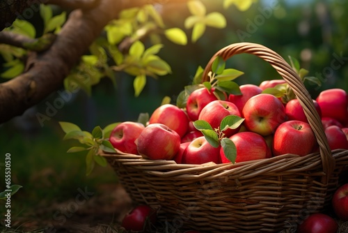 Photorealism of close up of fresh apple in a basket in field green plants with apple trees background