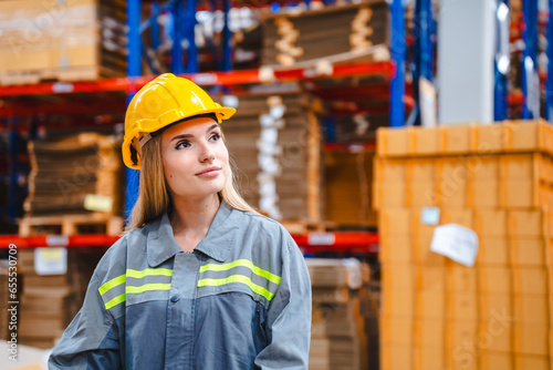 Factory manager, foreman worker checking stock inventory on good shelf in delivery storehouse of logistic storage warehouse, shipping distribution business, package box industry job for retail market © chokniti