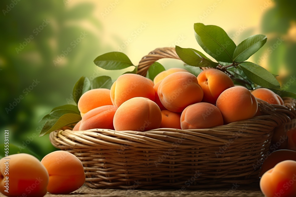 Photorealism of close-up of fresh apricot in basket in field green plants with apricot trees background Photorealism of close-up of fresh apricot in basket in field green plants with apricot trees background