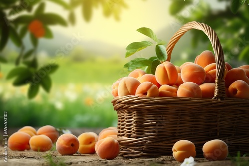 Photorealism of close-up of fresh apricot in basket in field green plants with apricot trees background