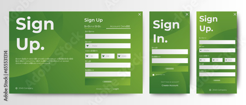 Modern Login form template with green color background. Mobile Registration and login forms page. Professional web design, full set of elements. User-friendly design materials.